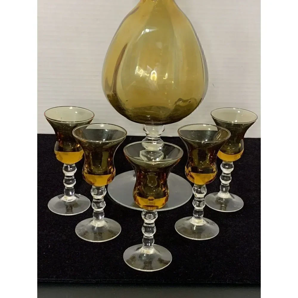 Rare Vintage Italian Amber Decanter with Stopper and 5 Matching Cordial Glasses